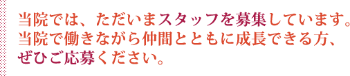 当院では、ただいまスタッフを募集しています。当院で働きながら仲間とともに成長できる方、ぜひご応募ください。